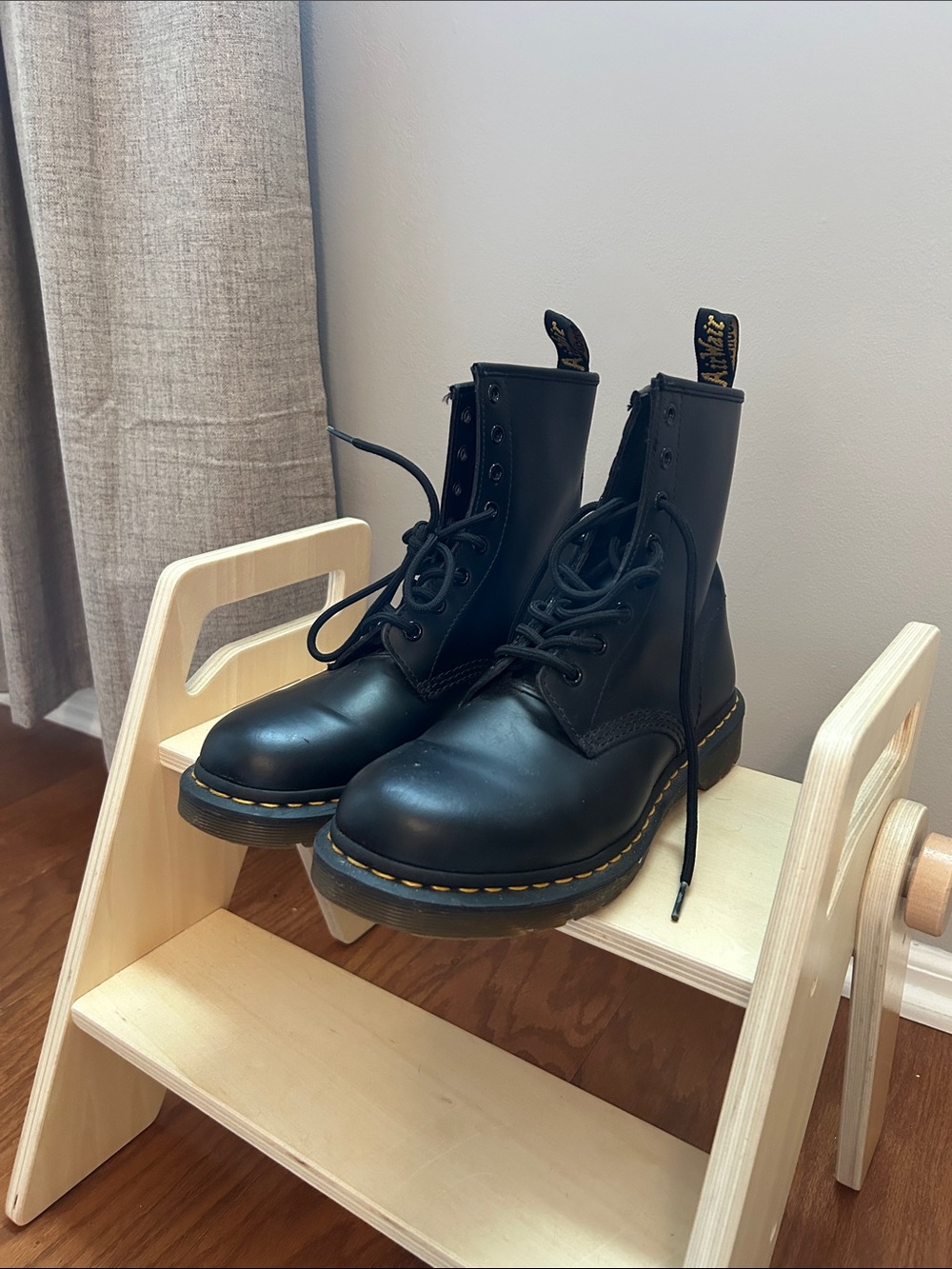 Dr. Martens Black Leather 8-Eye Lace-Up Boots with Yellow Stitching